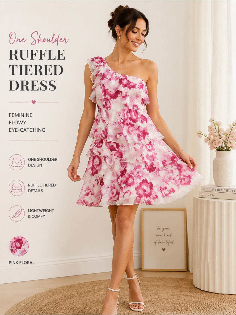 Pearl One-Shoulder Pink Floral Ruffle Tiered Dress
